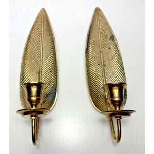 Vtg Brass Leaf Taper Candle Sconces MCM Boho Tropical Banana India Set 2 Slim